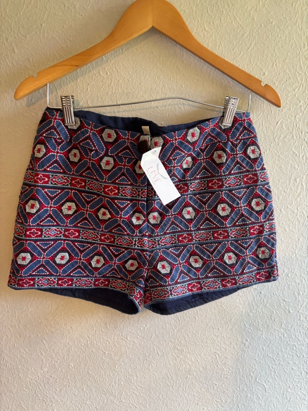 RAGA Navy and Red Geometric Jacquard High-Waist Shorts‎
